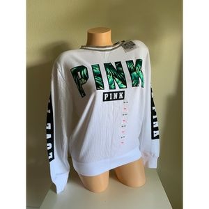 Victoria’s Secret PINK Collegiate Crew Neck Sweat Shirt Top Tropical Palm XS